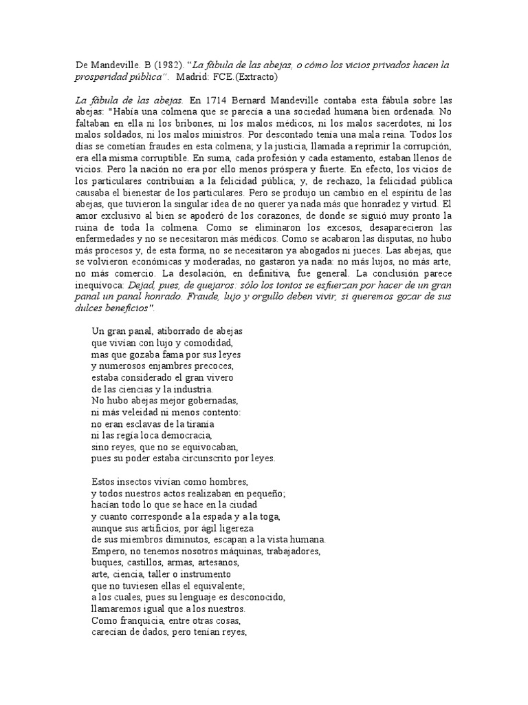 Bernard-De-mandeville. La Fabula de Las Abejas | PDF