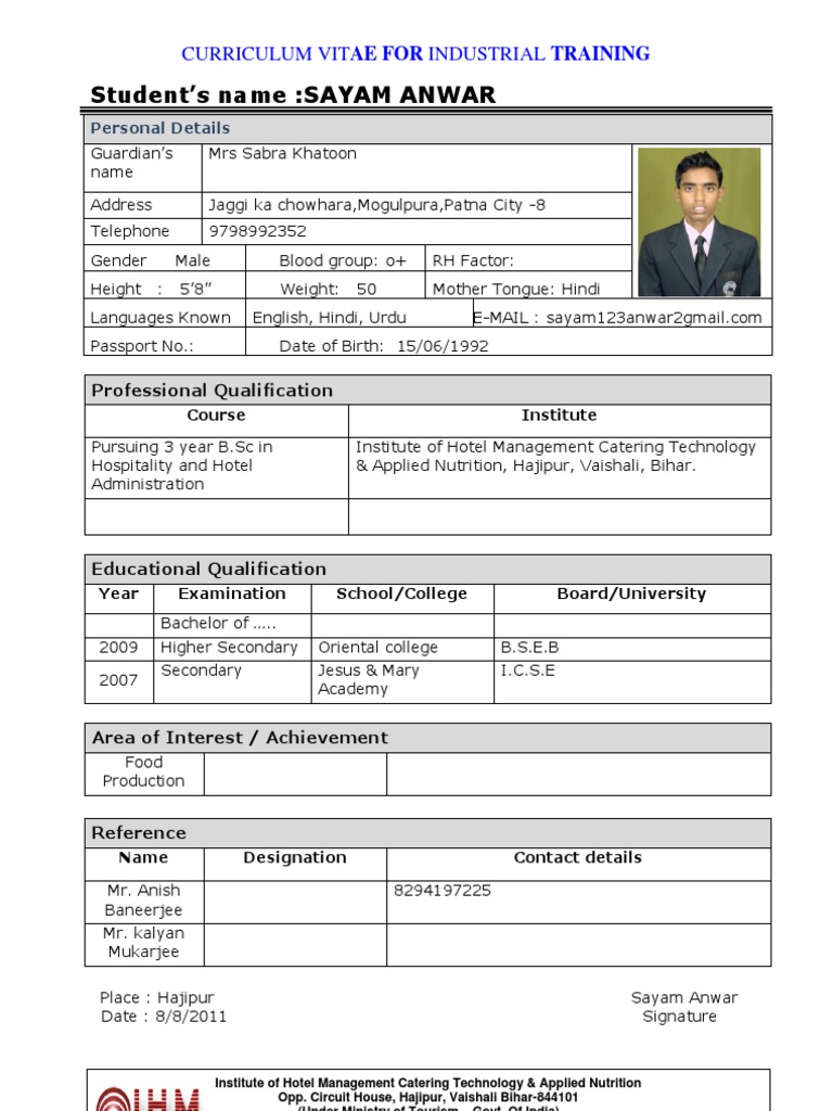 CV for Sayam Anwar - Hospitality Student | PDF