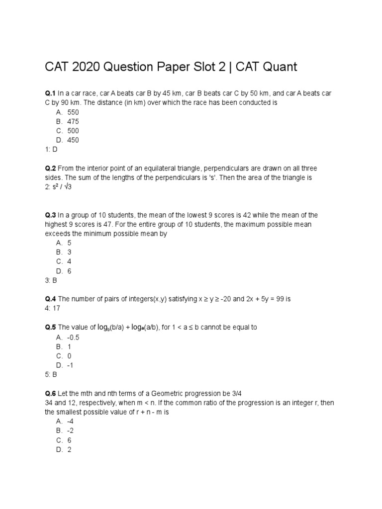 CAT 2020 Slot 2 Quantitative Questions | PDF | Area | Triangle