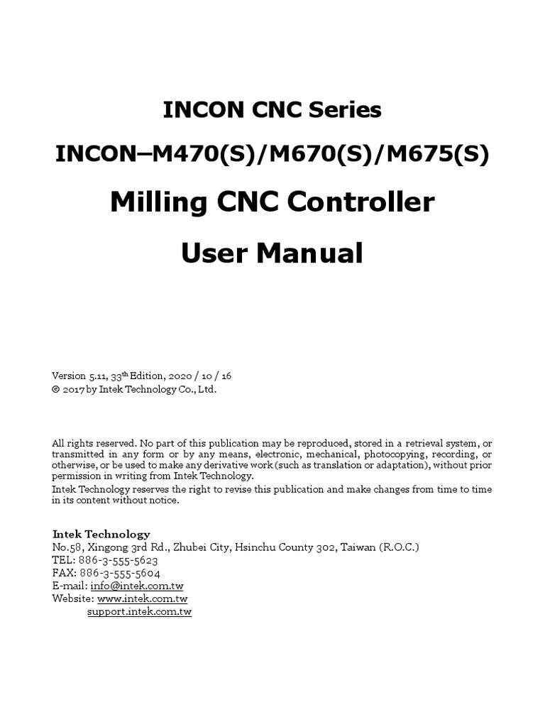 Milling CNC Controller User Manual: Incon CNC Series INCON-M470 (S