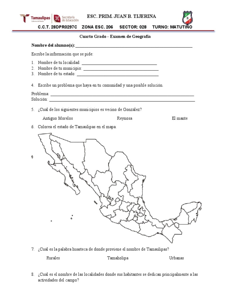 Examen Geografía Cuarto Grado | PDF