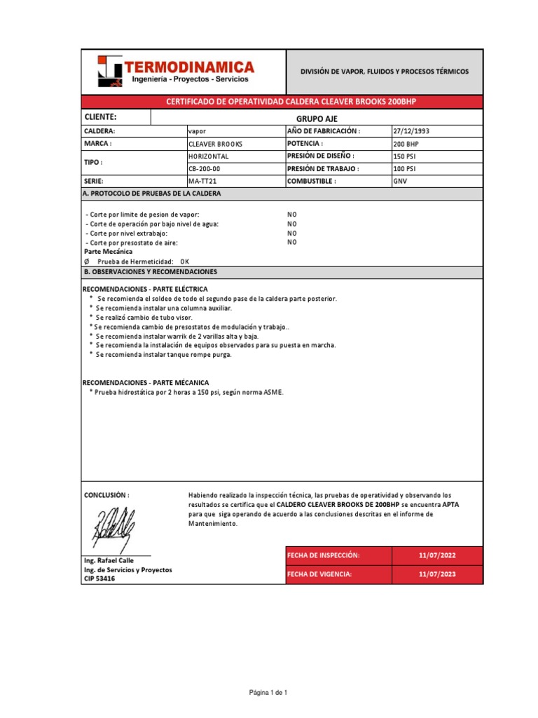 Certificado de Operatividad | PDF | Vapor | Ingeniería mecánica