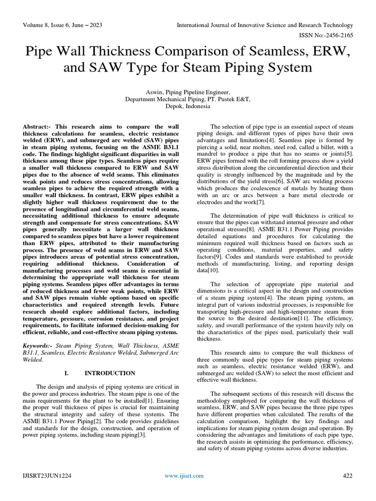 Pipe Wall Thickness Comparison of Seamless, ERW, and SAW Type for Steam