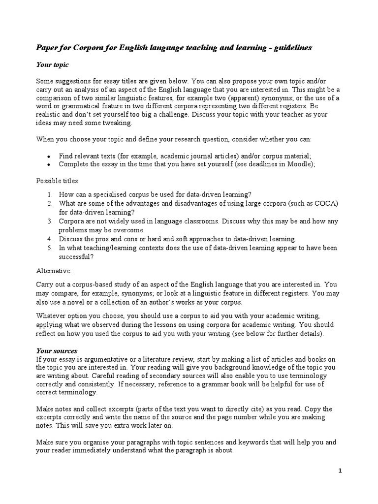 Essay for corpora for english language teaching and learning pdf