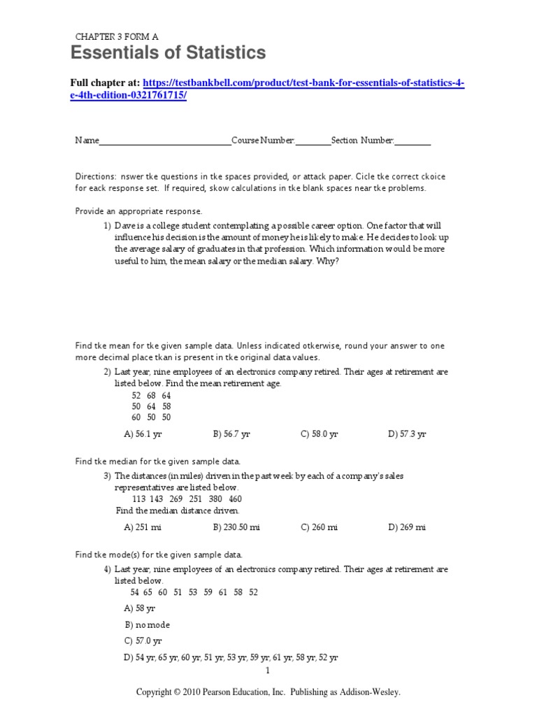Pearson Essentials Of Statistics