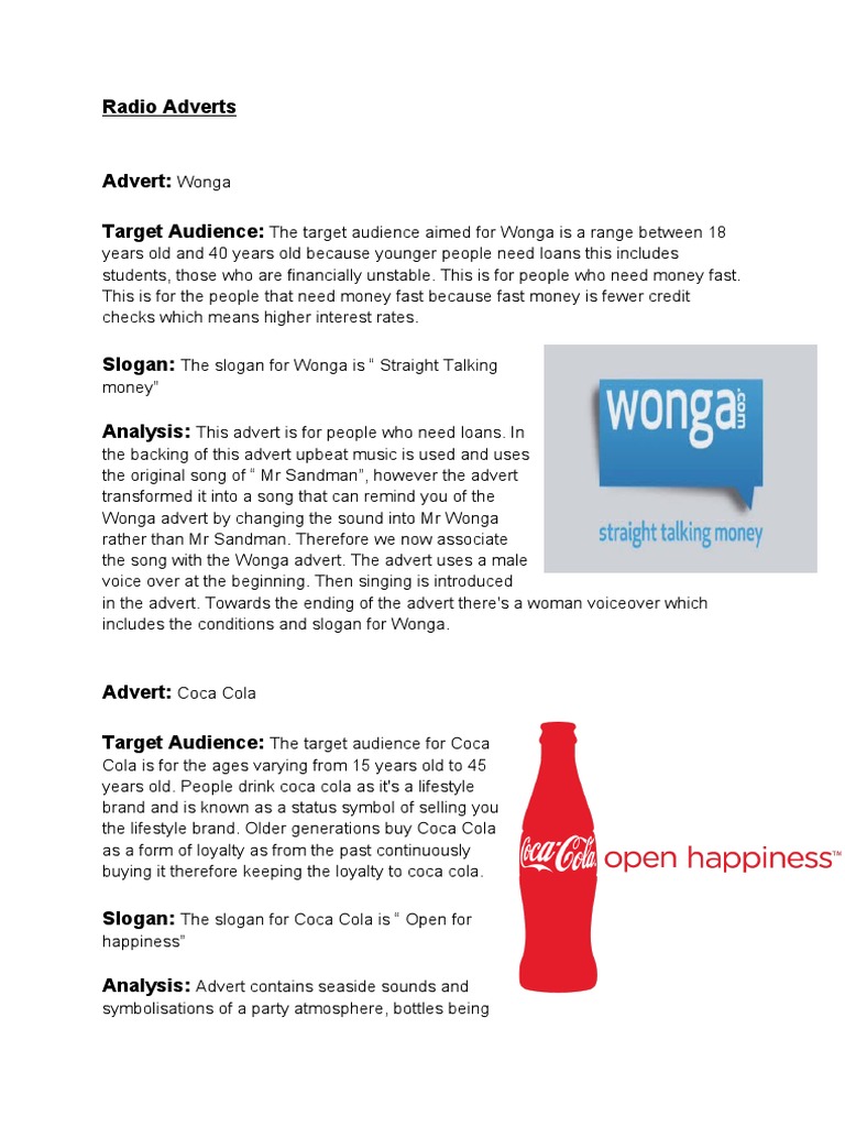 Coca-Cola and Wonga Radio Ad Analysis | PDF | Advertising | Coca Cola