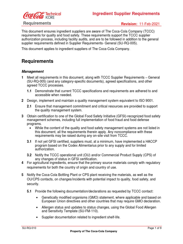 Image showcasing Coca-Cola Ingredient Supplier Standards | PDF | Food Safety | Supply Chain
