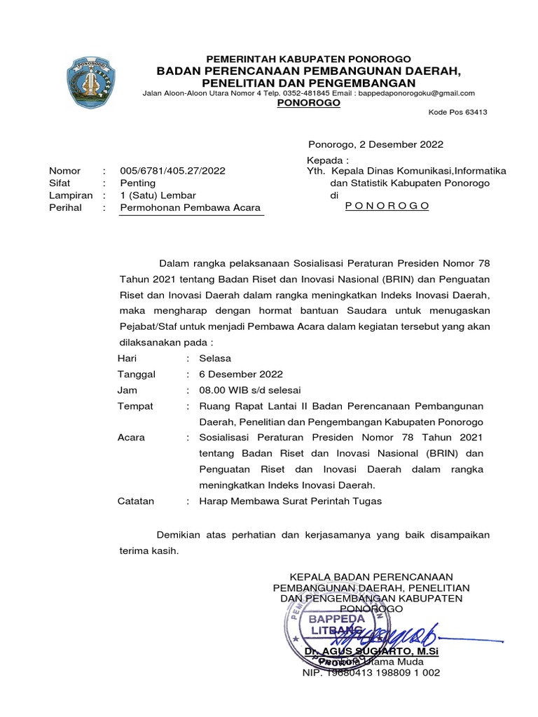 Surat Permohonan Pembawa Acara | PDF