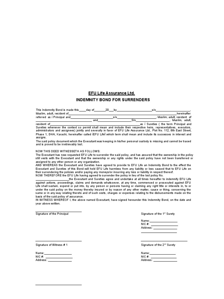 Indemnity Bond for EFU Policy Surrender | PDF | Indemnity | Surety