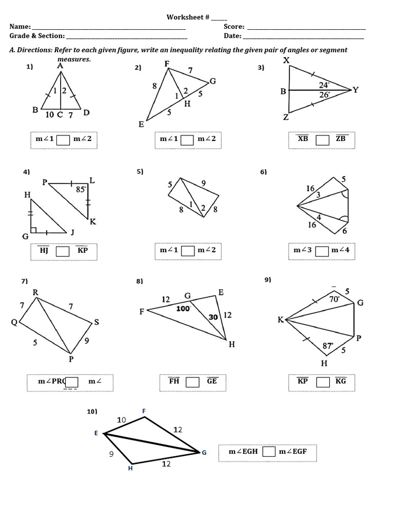WORKSHEET - Hinge Theorem and Proving Triangle Inequalities 1 | PDF, image size:768x1024