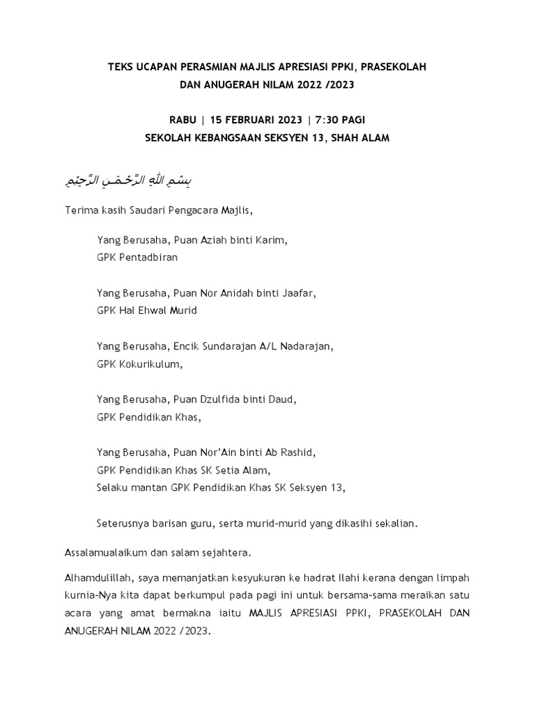 Ucapan Perasmian Majlis Apresiasi Ppki 2023 | PDF