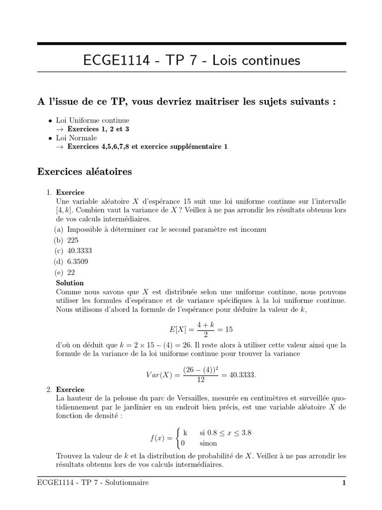 Lois continues : TP 7 - Exercices et solutions | PDF | Variance ...