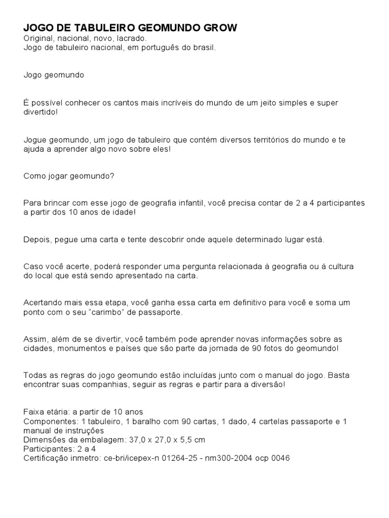 Jogo De Tabuleiro Geomundo Grow Pdf