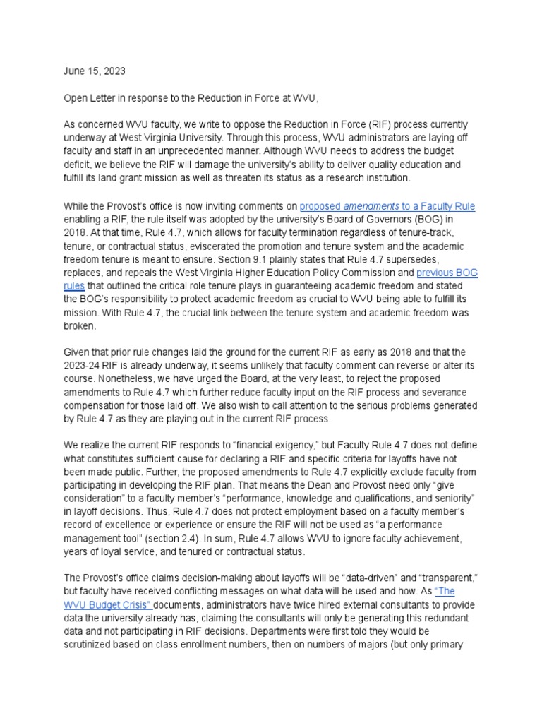 Open Letter On WVU RIF | Download Free PDF | Layoff | Academic Freedom