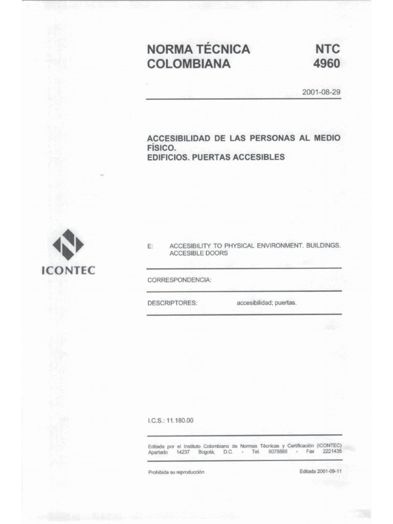 NTC 4960: Puertas Accesibles en Edificios | PDF | Tecnología