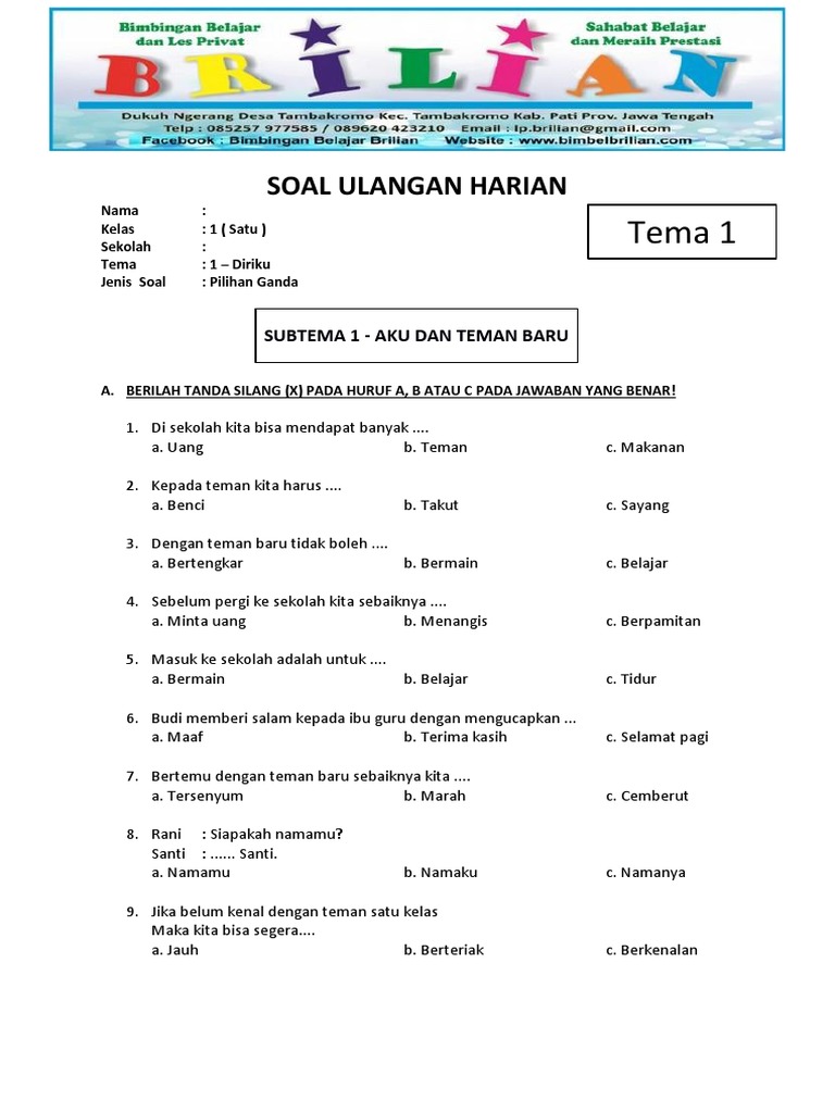 Menguasai Diri dan Lingkungan Sekitar: Panduan Lengkap Download Soal Tematik Kelas 1 "Diriku"