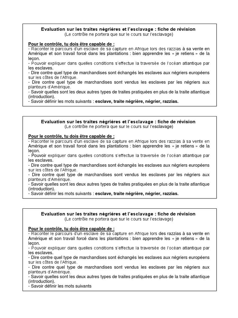Fiche de révision évaluation sur l'esclavage PDF Histoire de l'esclavage Esclavage