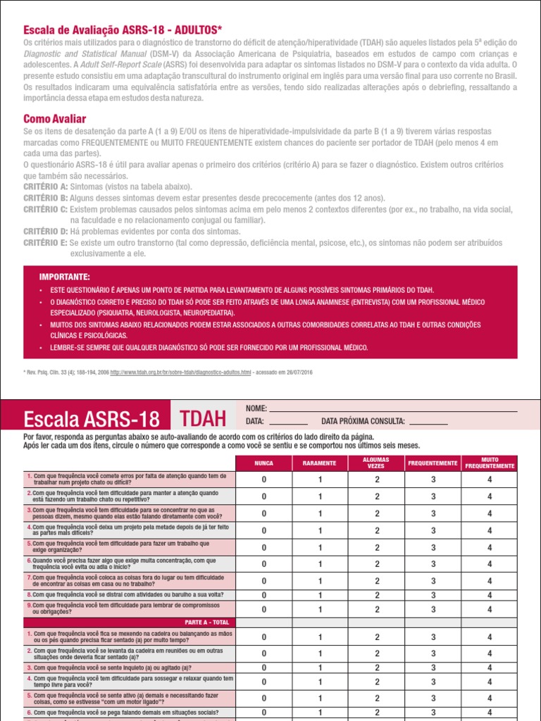ASRS-18 Escala TDAH | PDF | Transtorno de déficit de atenção e ...