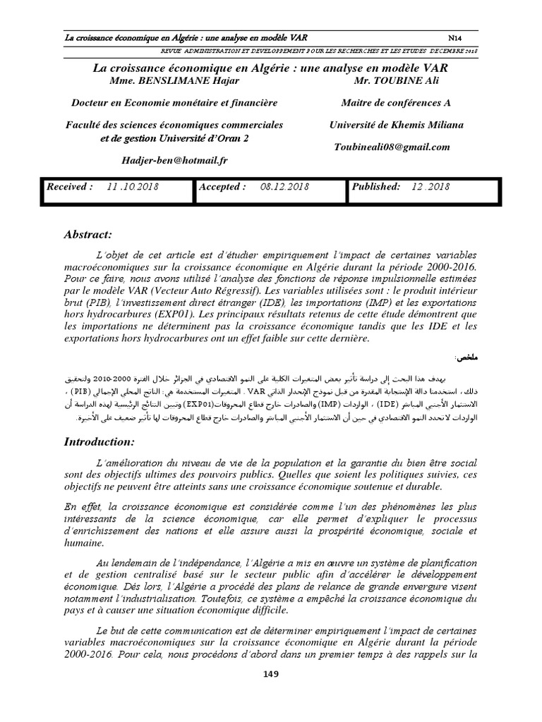 Analyse VAR de la croissance en Algérie | PDF | Croissance économique ...