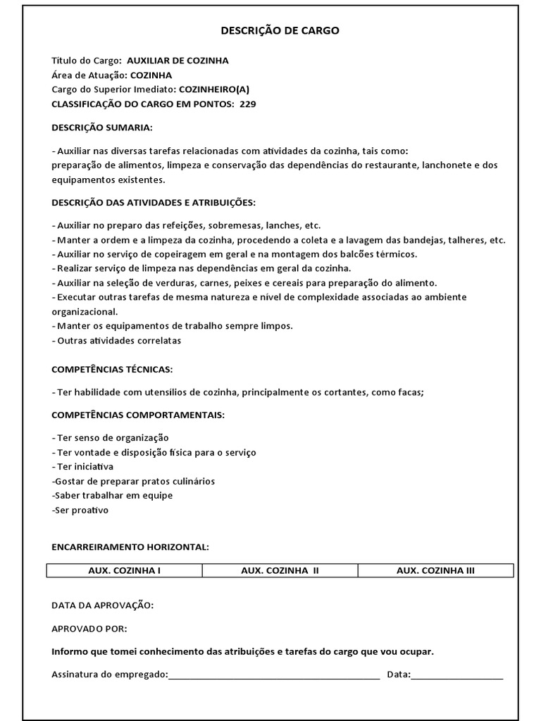 Descrição do Cargo: Auxiliar de Cozinha | PDF | Bem-estar