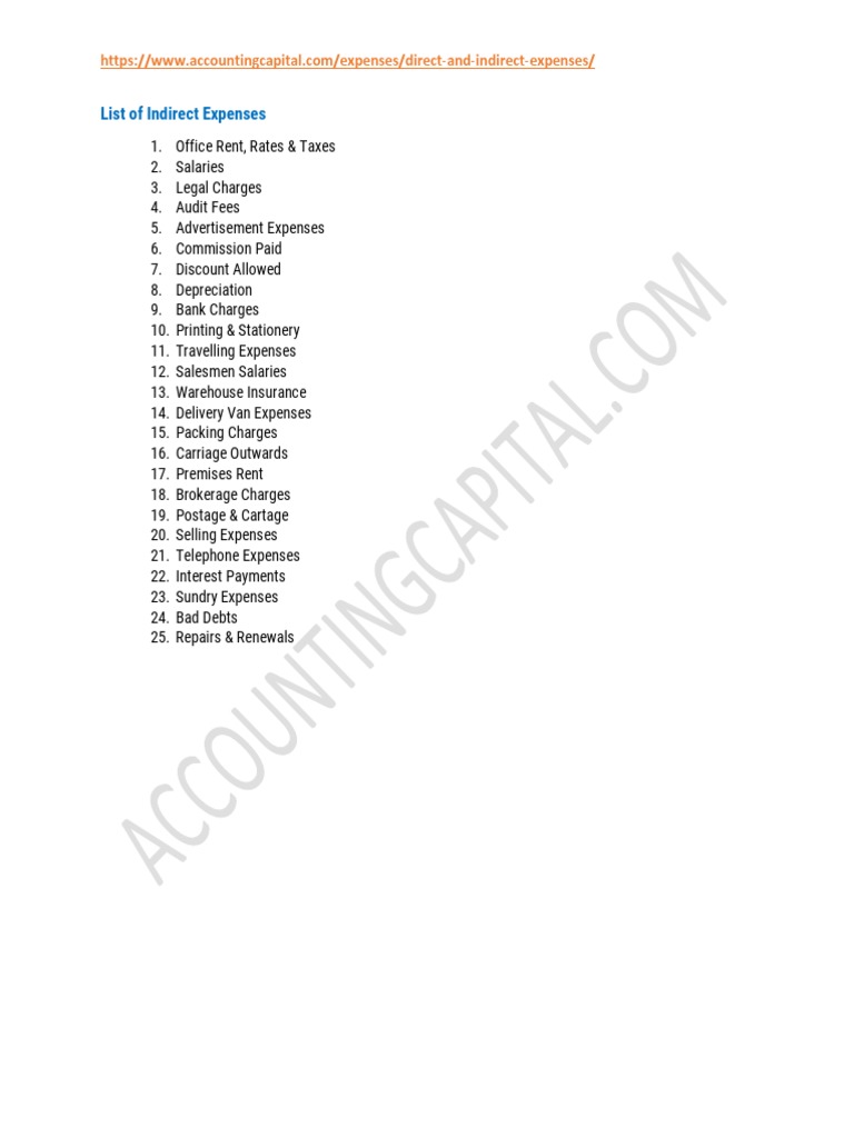 List of Indirect Expenses PDF