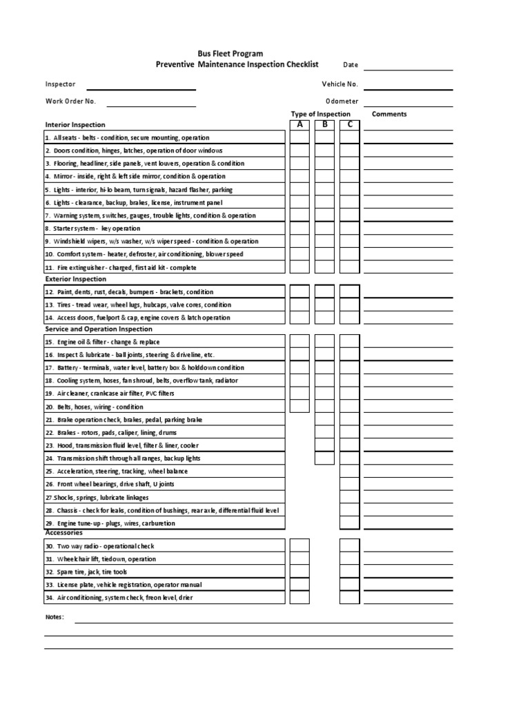 Bus Fleet Program Preventive Maintenance Inspection Checklist PDF