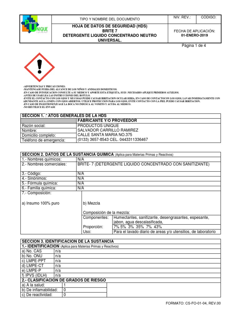 Brite 7 Hoja de Seguridad. | PDF | Agua | Detergente
