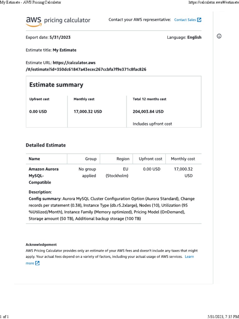 My Estimate AWS Pricing Calculator PDF