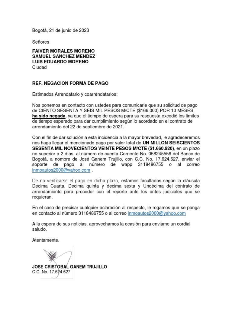 Carta Negacion Pago Por Cuotas PDF