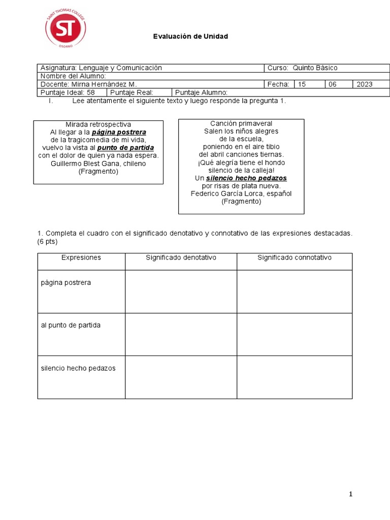 Evaluación de Lenguaje Quinto Básico | PDF