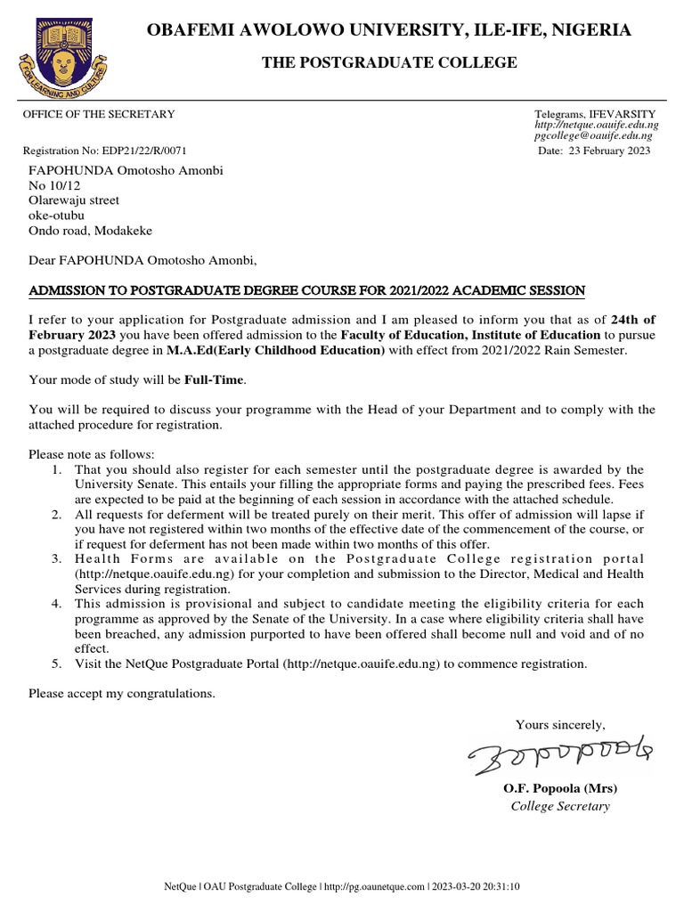 Admission Letter PDF