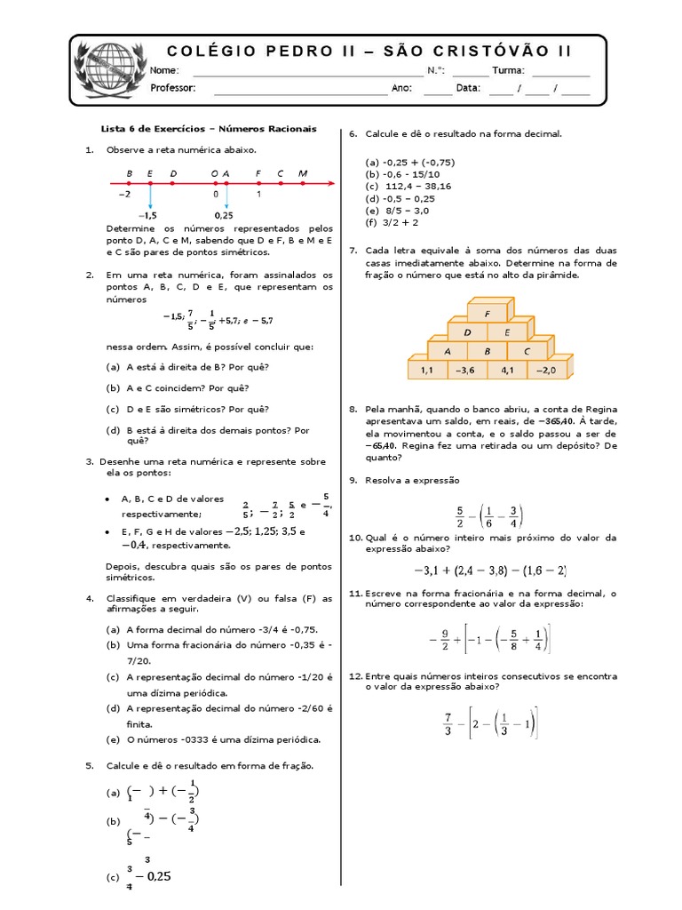 Exercícios de Números Racionais 7º Ano | PDF | Decimal | Número racional