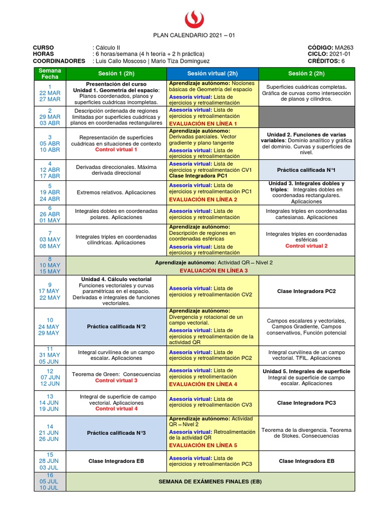 MA263 2021-01 Plan Calendario | PDF | Integral | Degradado