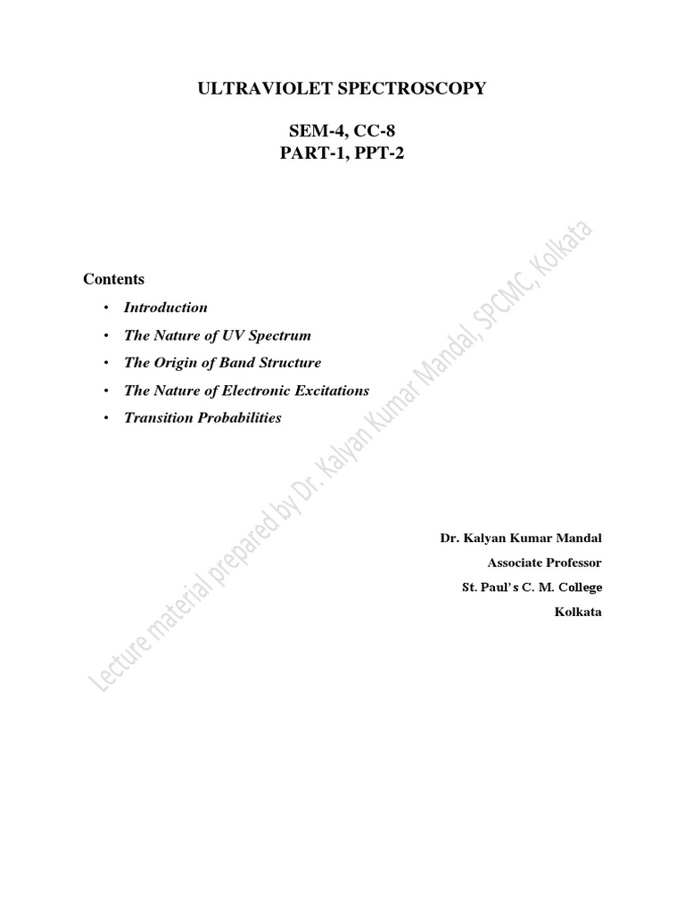 Ultraviolet Spectroscopy SEM4, CC8 PART1, PPT2 PDF Molecular