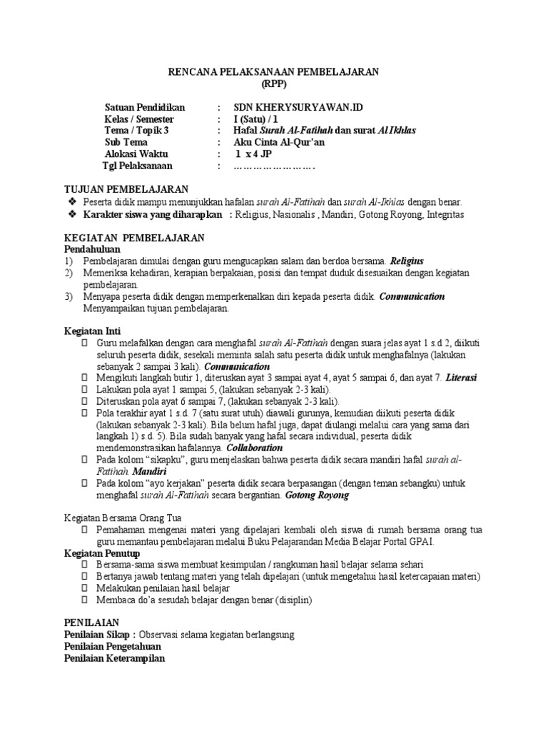 5-RPP Pai KLS 1 Sem.1 - WWW - Kherysuryawan.id | PDF | Karier ...