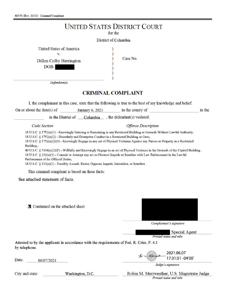 Dillon Colby Herrington court docs PDF United States Capitol United States Senate