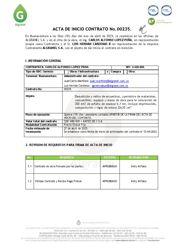 Acta de Inicio Contrato Algranel S.A. | PDF | Derecho