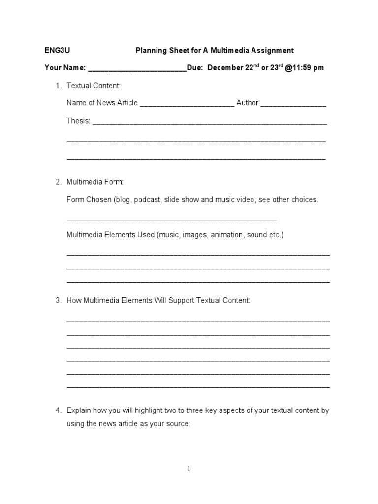 Multimedia Assignment Planning Sheet | PDF