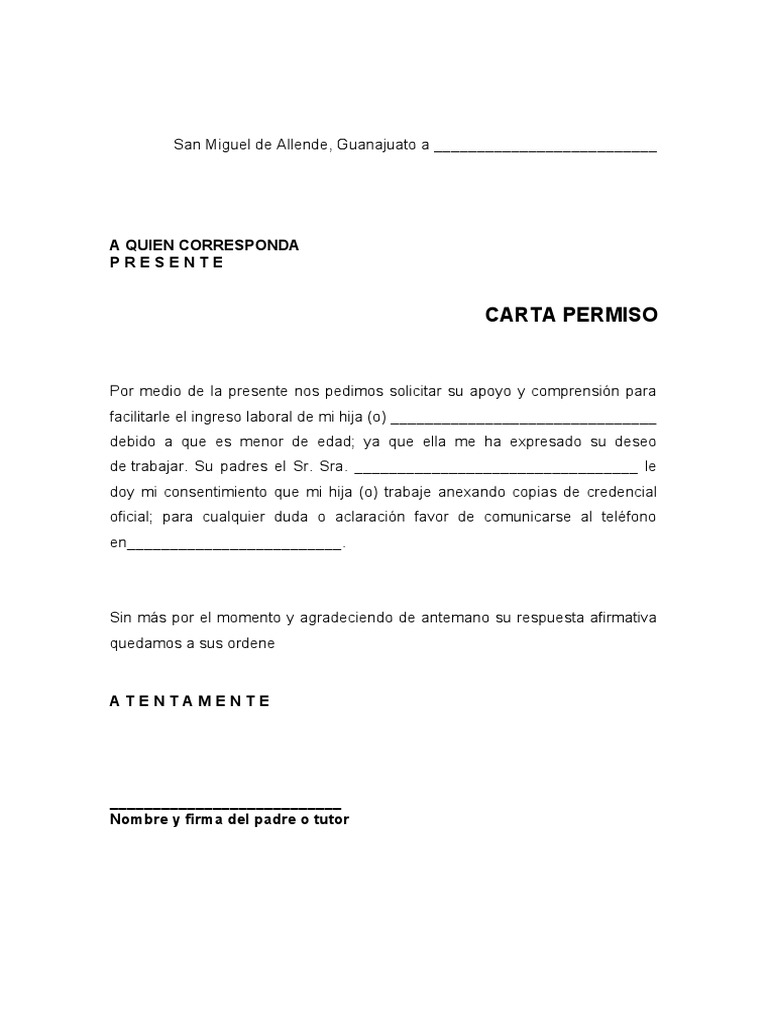 Carta De Permiso Para Menores De Edad Pdf