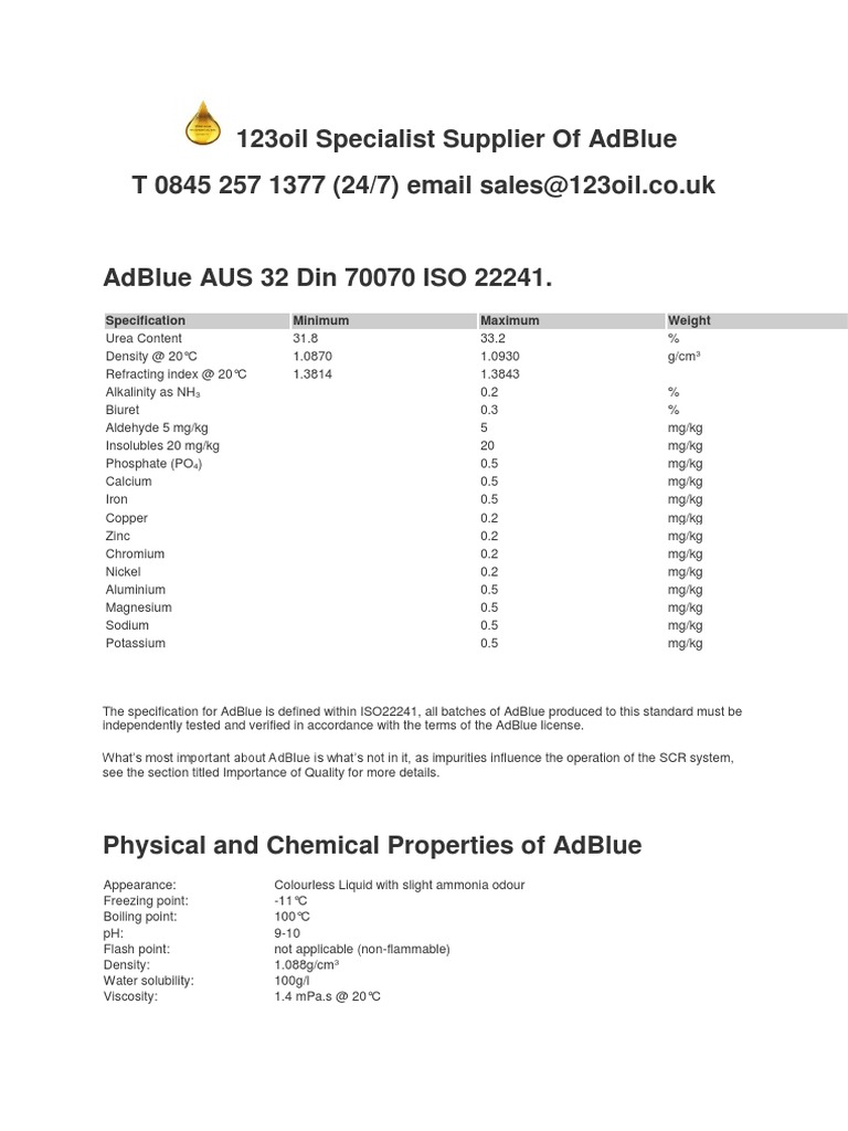 AdBlue Specifications and Quality Standards | PDF | Magnesium | Sets Of ...