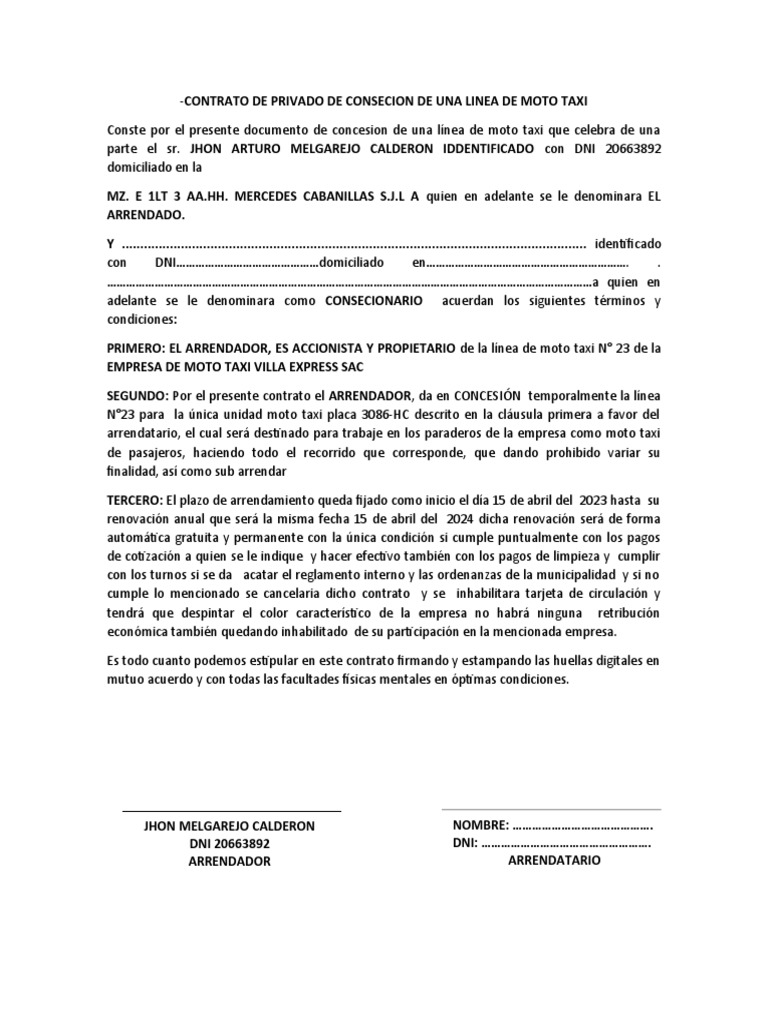 Contrato de Privado de Alquiler de Una Linea de Moto Taxi | PDF