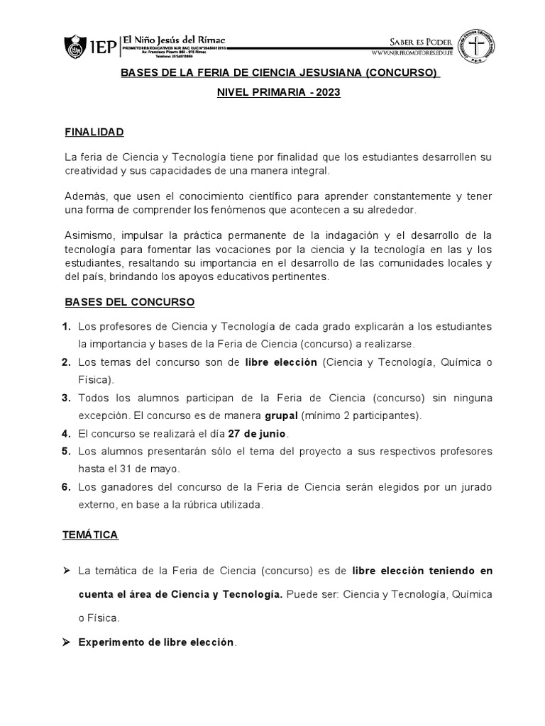Bases Feria de Ciencia Primaria 2023 | PDF | Science | Cognición