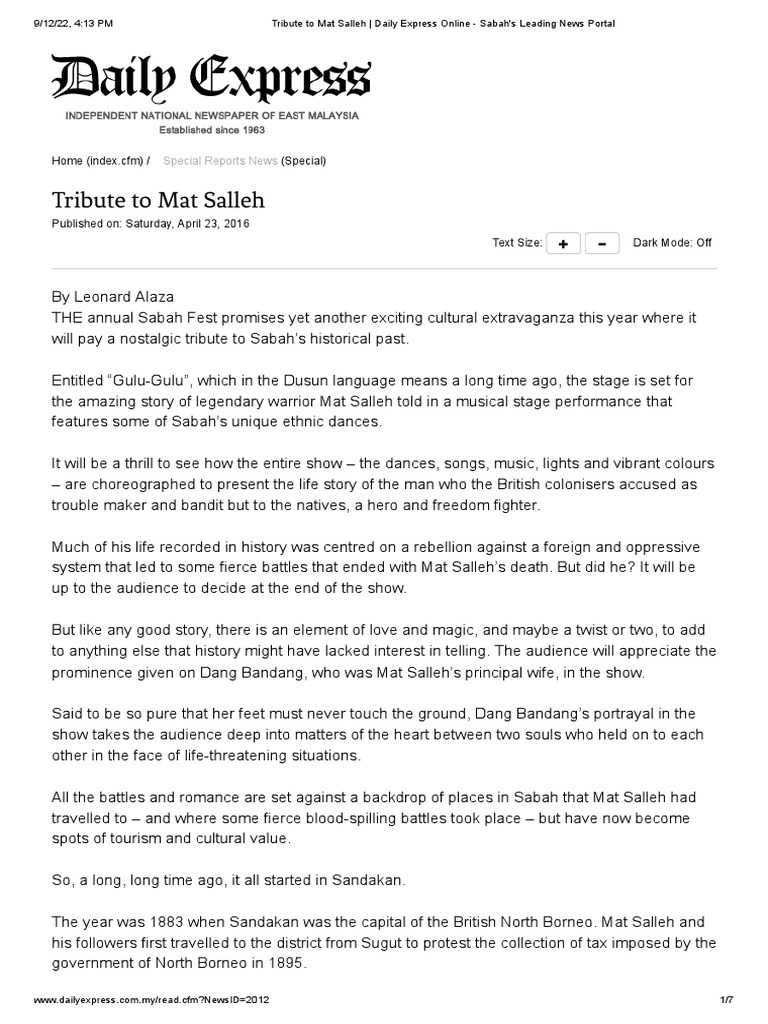 Tribute To Mat Salleh Daily Express Online Sabah's Leading News