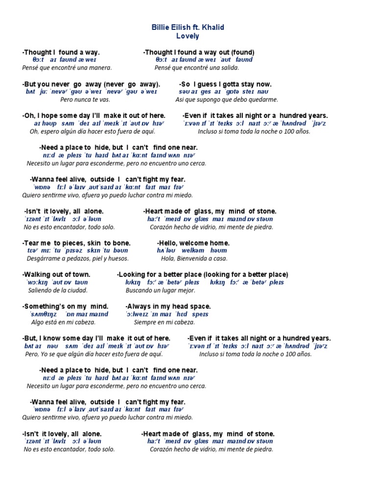 Lovely - Billie Eilish (letra e tradução) - Baixar pdf de