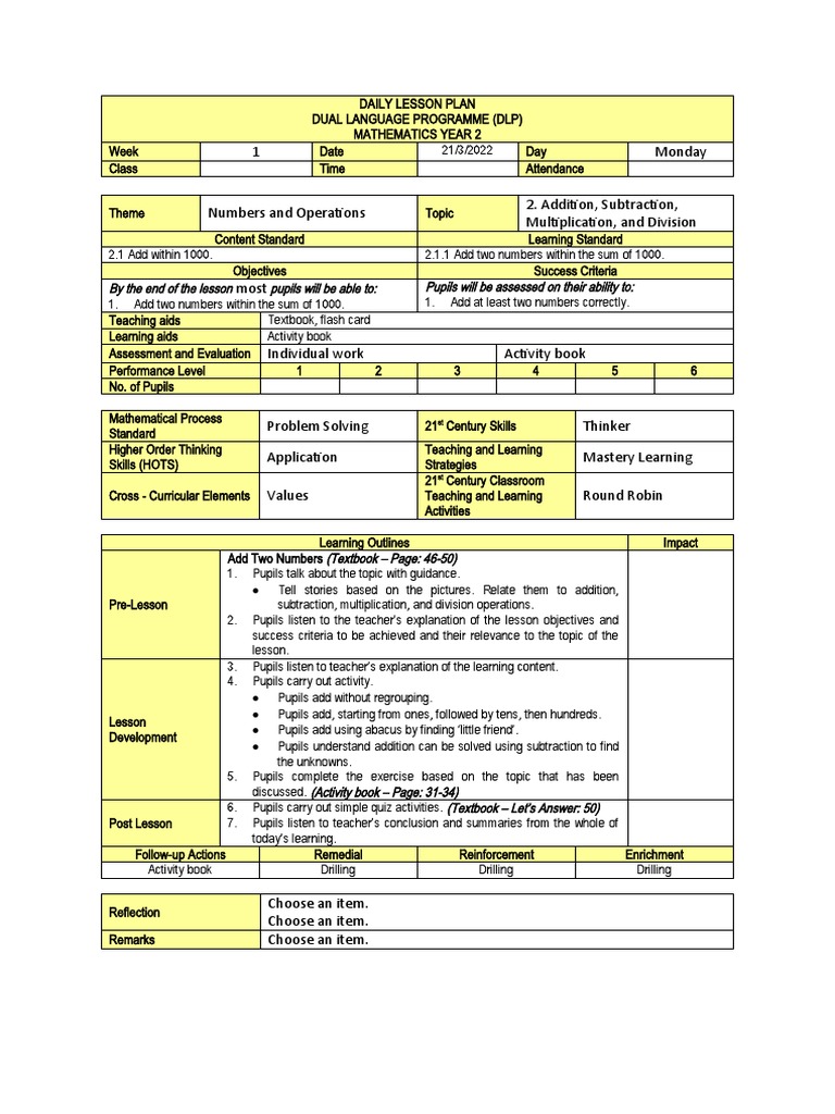 Year 2 Math Lesson Plan: Operations | PDF | Lesson Plan | Teachers