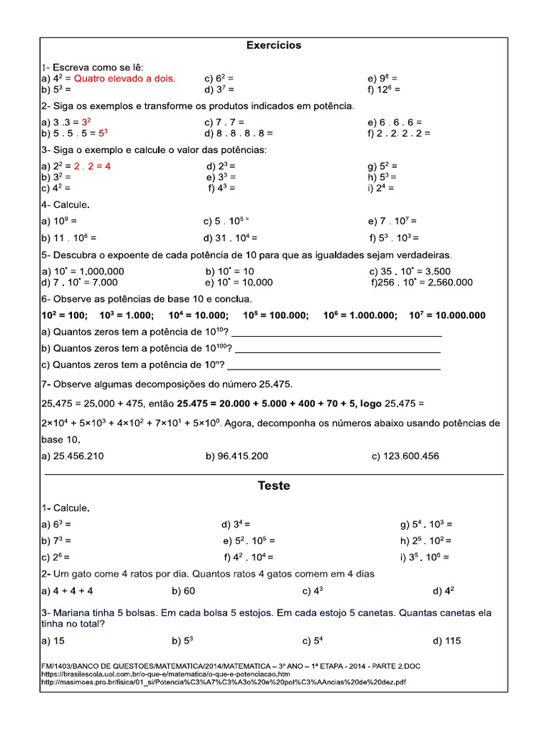 Atividade 6o Ano Potencias | PDF