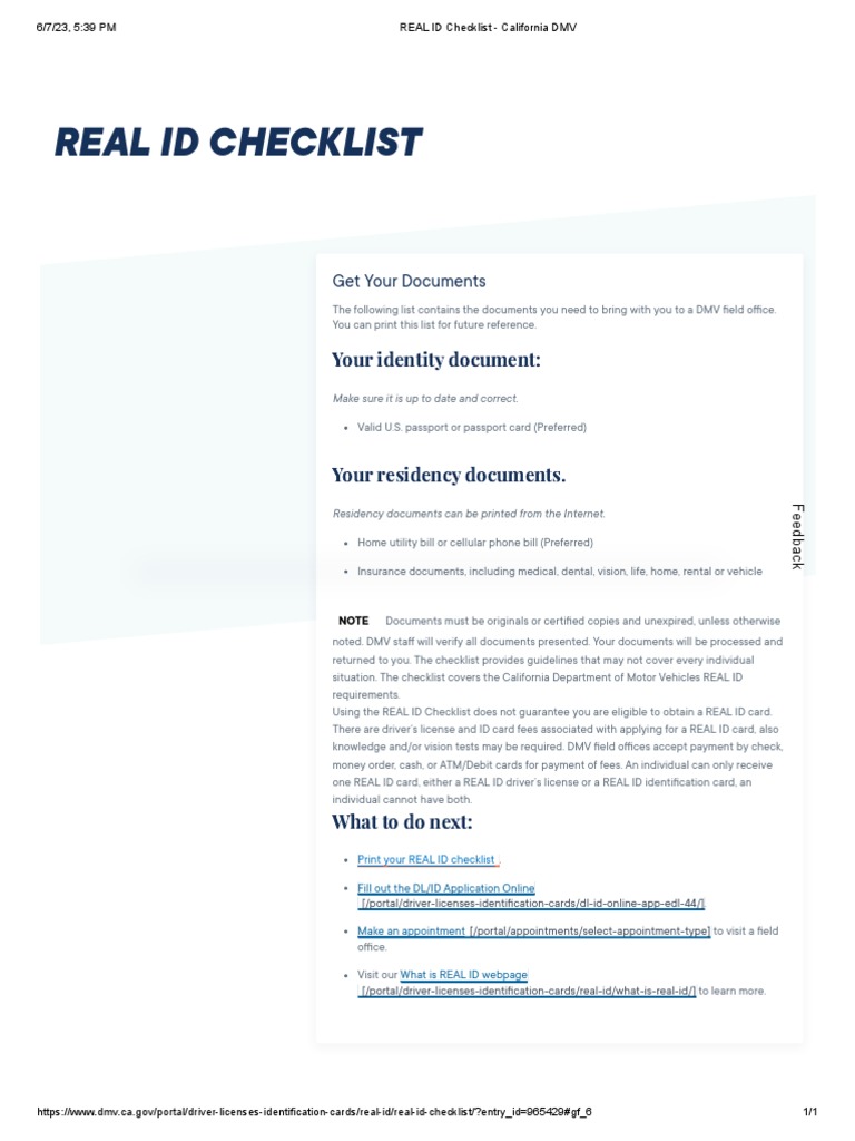 REAL ID Checklist California DMV PDF Identity Document