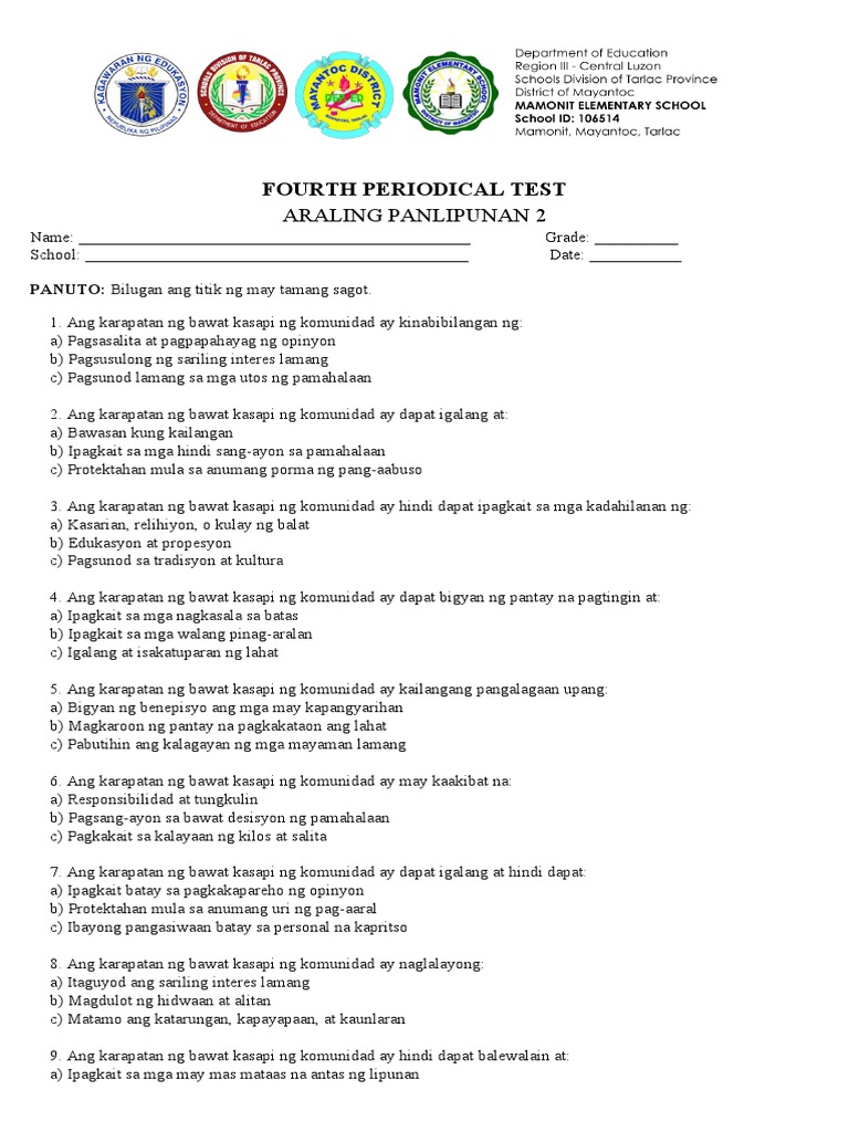 Araling Panlipunan 2 Periodical Test Quarter 4 | PDF
