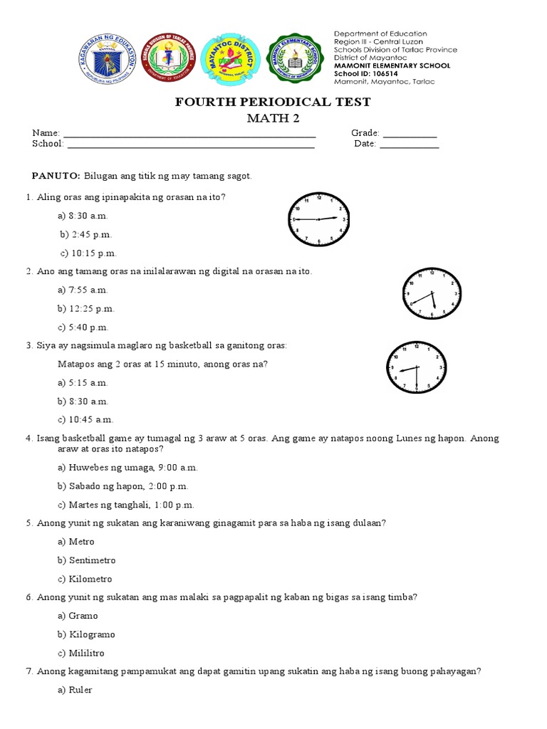 Math 2 Periodical Test Quarter 4 | PDF