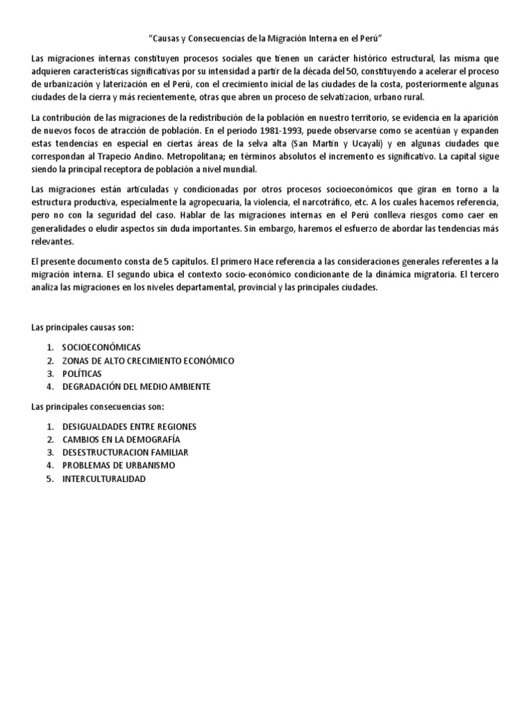 Causas y Consecuencias de La Migración Interna en El Perú | PDF